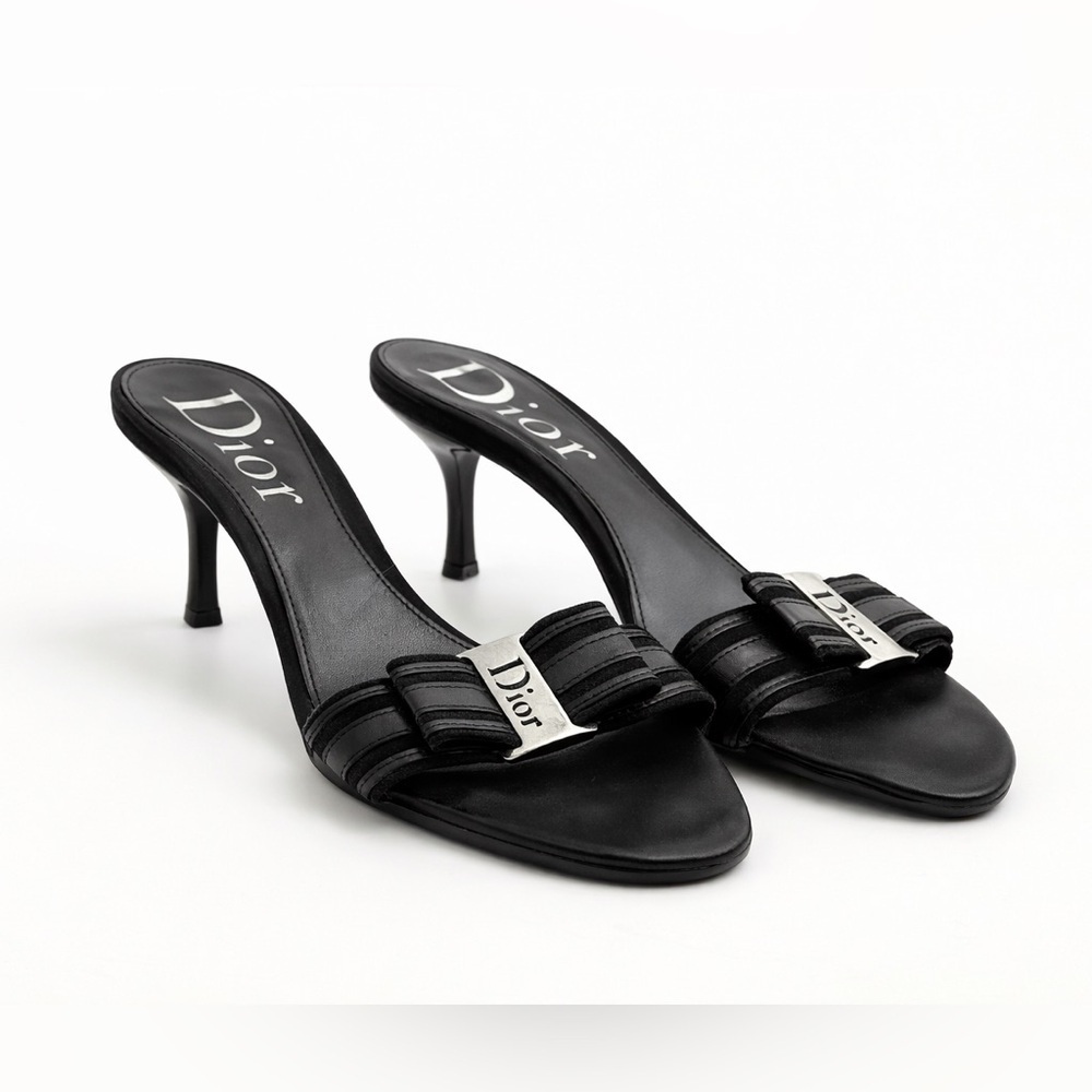 Christian Dior Y2K Black Leather Logo Plaque Kitten Heel Mules 39.5 Galliano Era